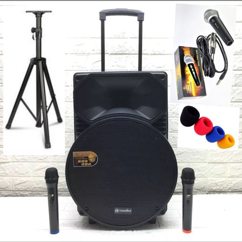 Speaker Portable 15 inch Soundbest FT 15 Free 2 Mic wirelles Bluetooth Usb Sd Mic Priority suara di jamin mantap