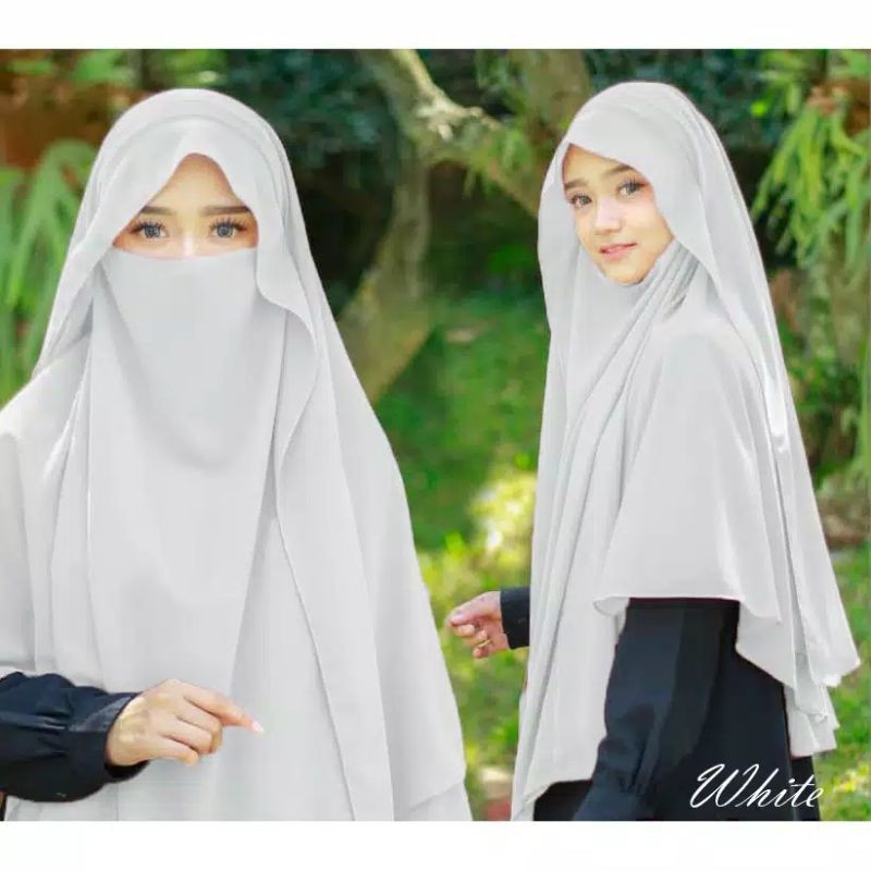 Jilbab Hijab Kerudung Bergo Instan French Khimar Cadar Tali Siti Aminah Niqab Syari Jumbo-Putih Bersih
