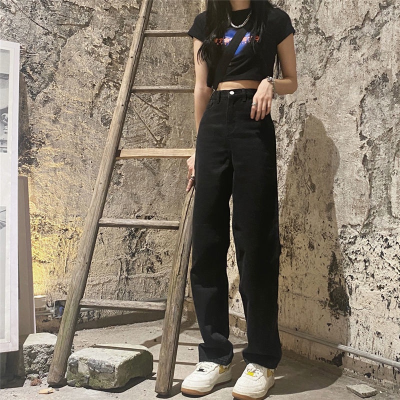 Celana denim kaki lebar longgar lurus hitam retro Korea