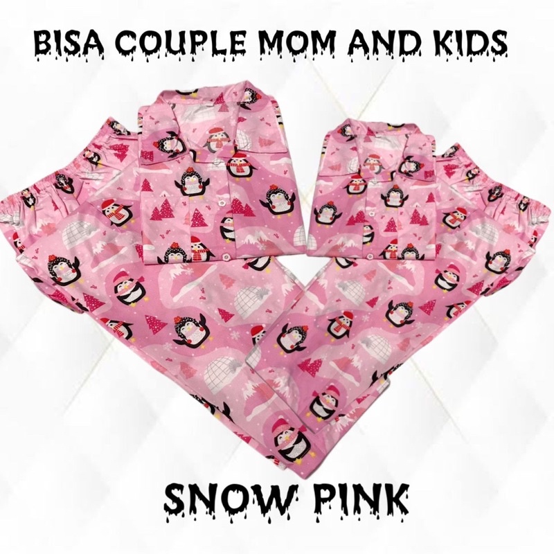 SNOW PINK - bisa couple mom and kids family bajutidur piyama setelan dewasa anak pinguin pink