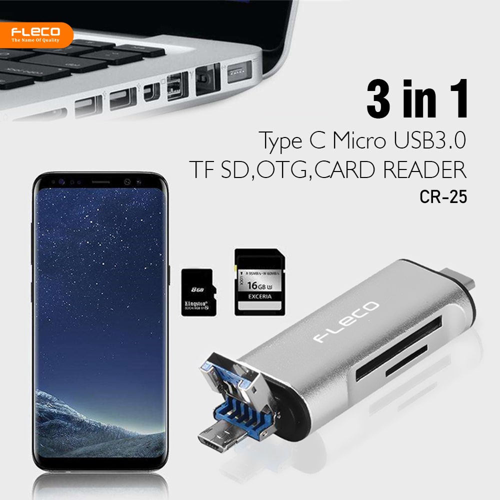 OTG CARD READER FLECO CR25 OTG 3 in 1 Smart Card Reader USB 3.0 Type C Combo CR25 NEW 100% ORIGINAL