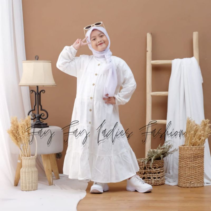 Midi Dress Kerut Susun Anak Bahan Katun Linen Rami Premium