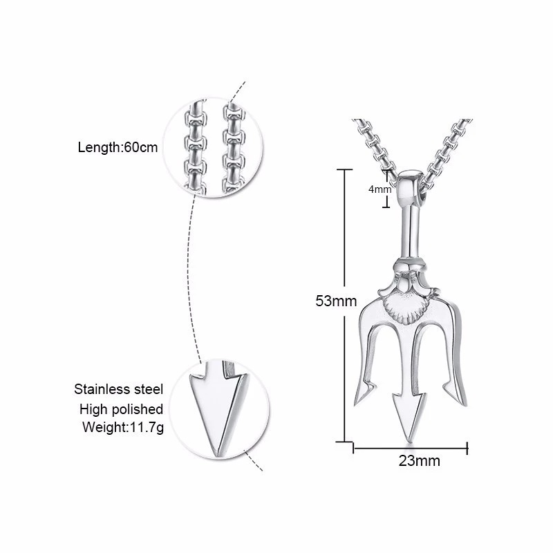 Kalung Rantai Klavikula Liontin Trident Bahan Stainless Steel Metal Gaya Punk Hip-Hop Untuk Pria