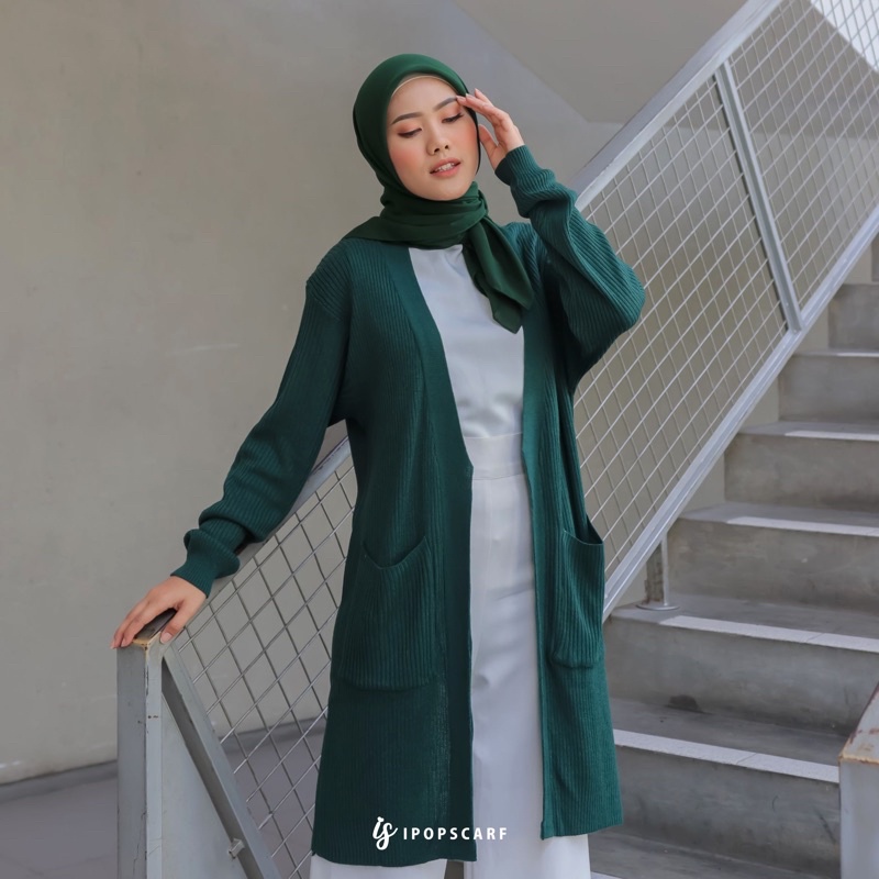 LUMA LONG CARDI | cardigan rajut panjang, soft knit cardigan-EVERGREEN