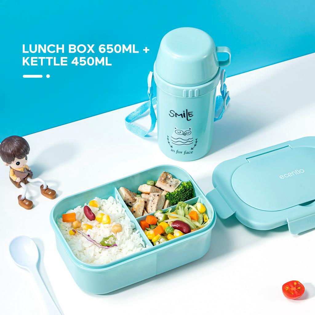 ecentio 3 Grid Lunch Box Set 1000ml/Kotak Bekal Makan Anti Tumpah Free Mangkuk Sup 330ml/Tas Bekal Set Anak