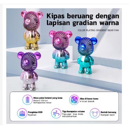 Kipas Angin Mini Portable Karakter Bearbrick VIRAL Meja USB Cas 3 Pengaturan Kecepatan Bentuk Beruang Alas Anti Selip Bagian Bawah Beruang gradiasi Unik lucu