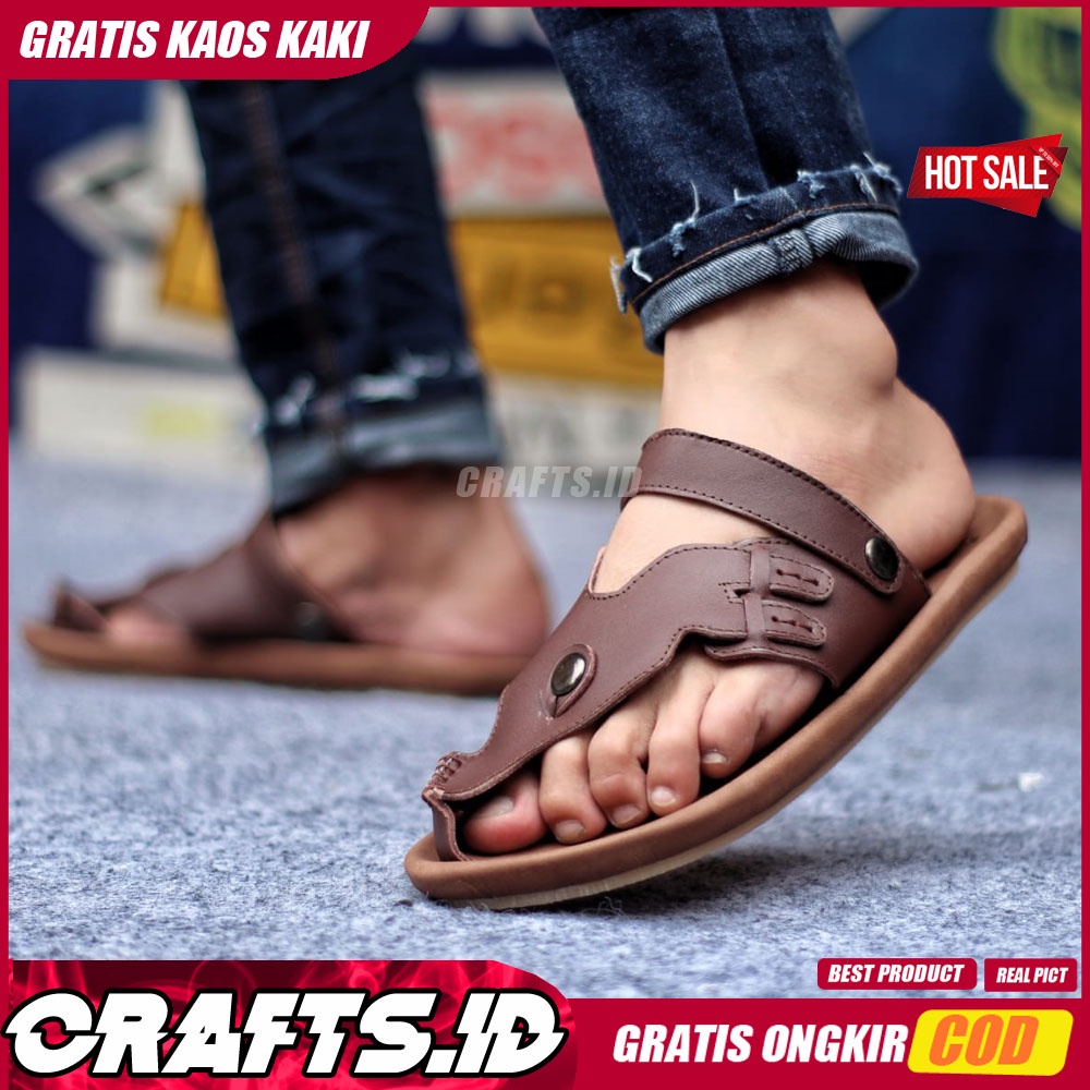 CRAFTS LUCKY SANDAL KULIT PRIA BLACK BROWN SENDAL CASUAL JEPIT PRIA