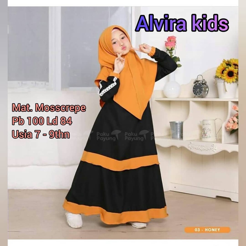 ALVIRA KIDS BO KF Umur 7-9 Tahun (FREE HIJAB/KHIMAR) Bahan Mosscrepe Gamis Anak Perempuan Gamis Anak