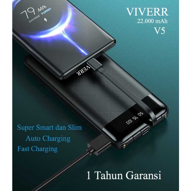 Powerbank VIVERR V5 original Kapasitas 22.000 mAh Output 3 Kabel ( iphone, TypeC,Micro ) universal buat semua gadget garansi 1 Tahun.