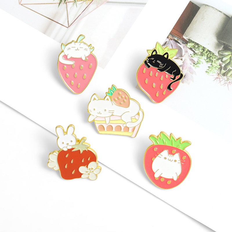 Bros Pin Desain Kartun Buah Strawberry Kucing Kelinci Untuk Hadiah Teman