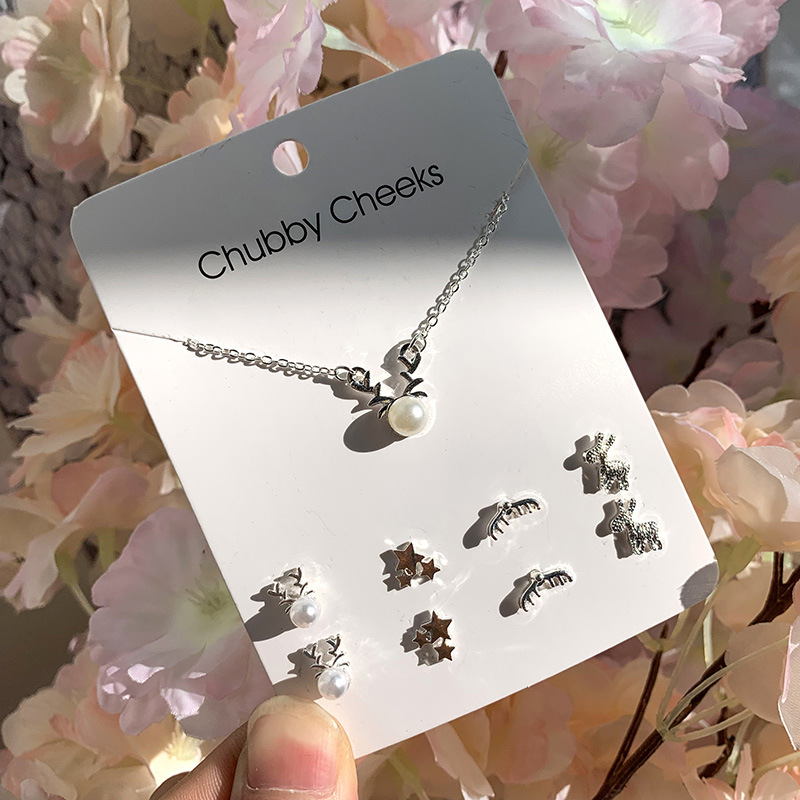 6 Pasang/4 Pasang Anting Anting Korea Dan Kalung Wanita Gaya Korea Simple Kreatif anting tusuk aksesoris-Pearl Deer
