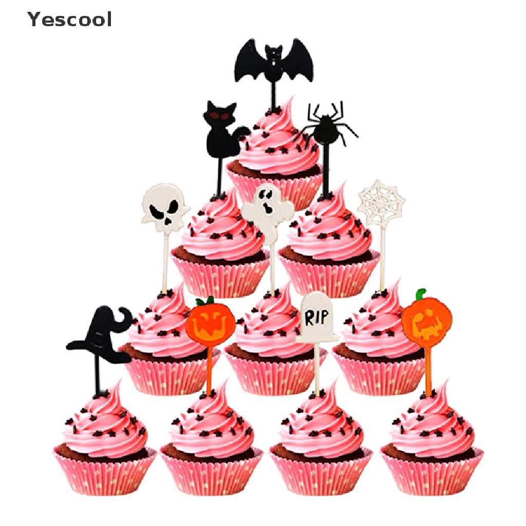 Yescool 10pcs / Pak Tusuk Gigi Buah / Kue / Dessert Tema Halloween Untuk Anak