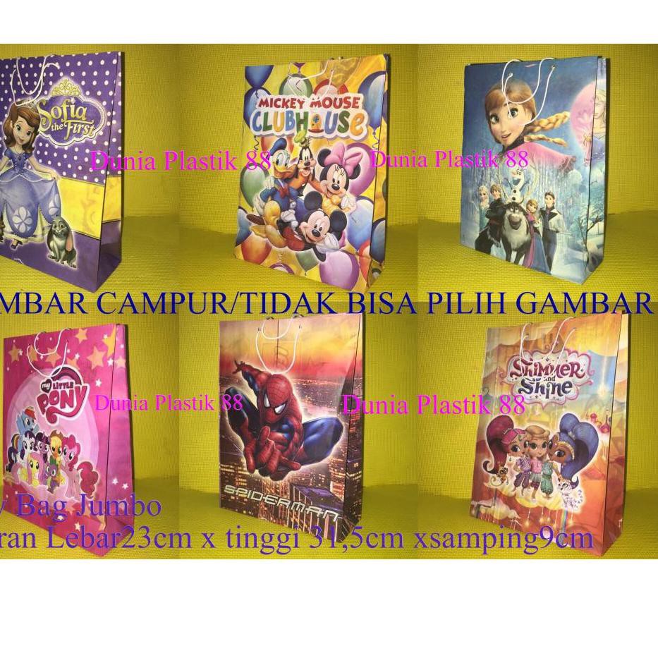 

IKD isi10pc goodie PARTY BAG JUMBO 23x31.5CM tas kertas karakter anak ulang tahun ultah GAMBAR RANDO