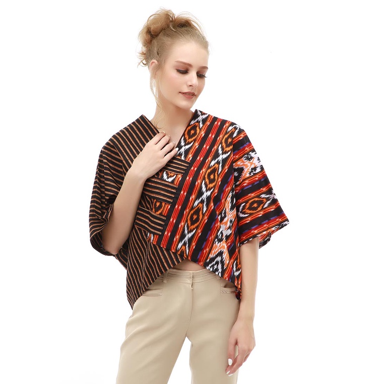 Hamlin Lynelle Atasan Formal Wanita Blouse Crop Top Batik Songket Material Cotton ORIGINAL - Orange