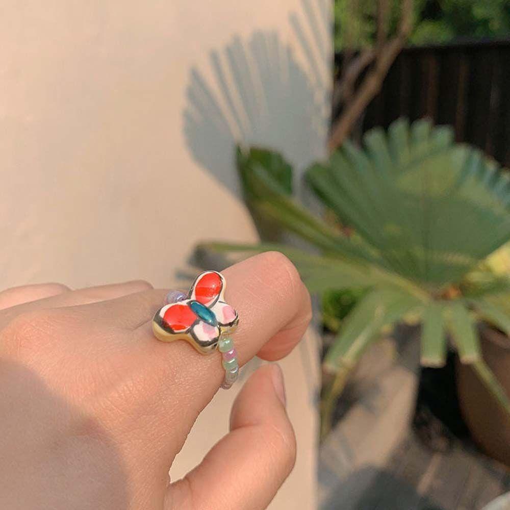 Cincin Elastis Sweet Retro Untuk Anak Perempuan Manik-Manik Kristal Geometris Vintage Knuckle Ring