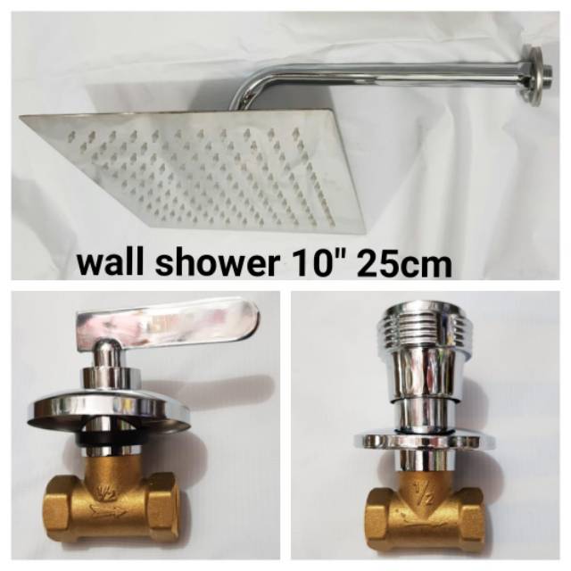 Paket shower tanam kotak stainless 10in dan stop kran tanam kuningan