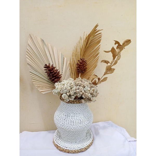 Paket Bunga Kering+Pot Guci Mendong Untuk Meja/Daun Palem Kering+Pinus Kering+Ruskus+Sikas+Edelweis/