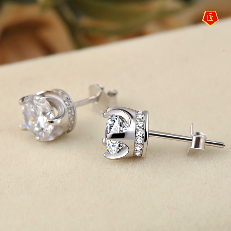 [Ready Stock]Silver Fashion Ladies Crown Full-Jeweled Stud Earrings