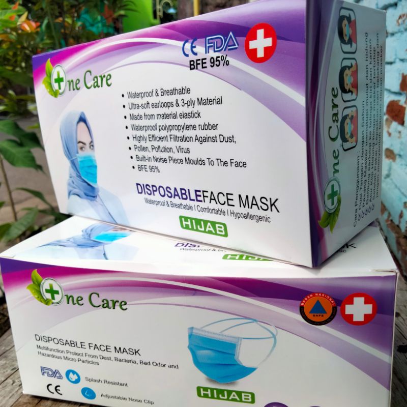 Masker Ne Care Headloop Hijab Jilbab 3 ply 50pcs disposable face mask no medis biru murah laris