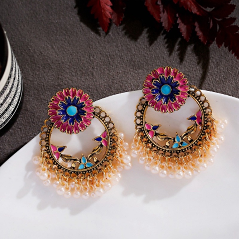 Anting Tusuk Gantung Wanita Desain Bunga Aster Enamel + Mutiara Gaya Indian / Bohemian Handmade Untuk Pesta