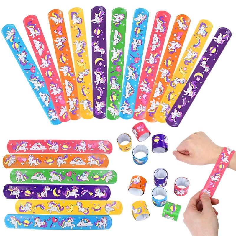 10pcs / Set Mainan Gelang Slap Band Tema Unicorn Warna Pelangi Untuk Dekorasi Pesta Ulang Tahun Anak