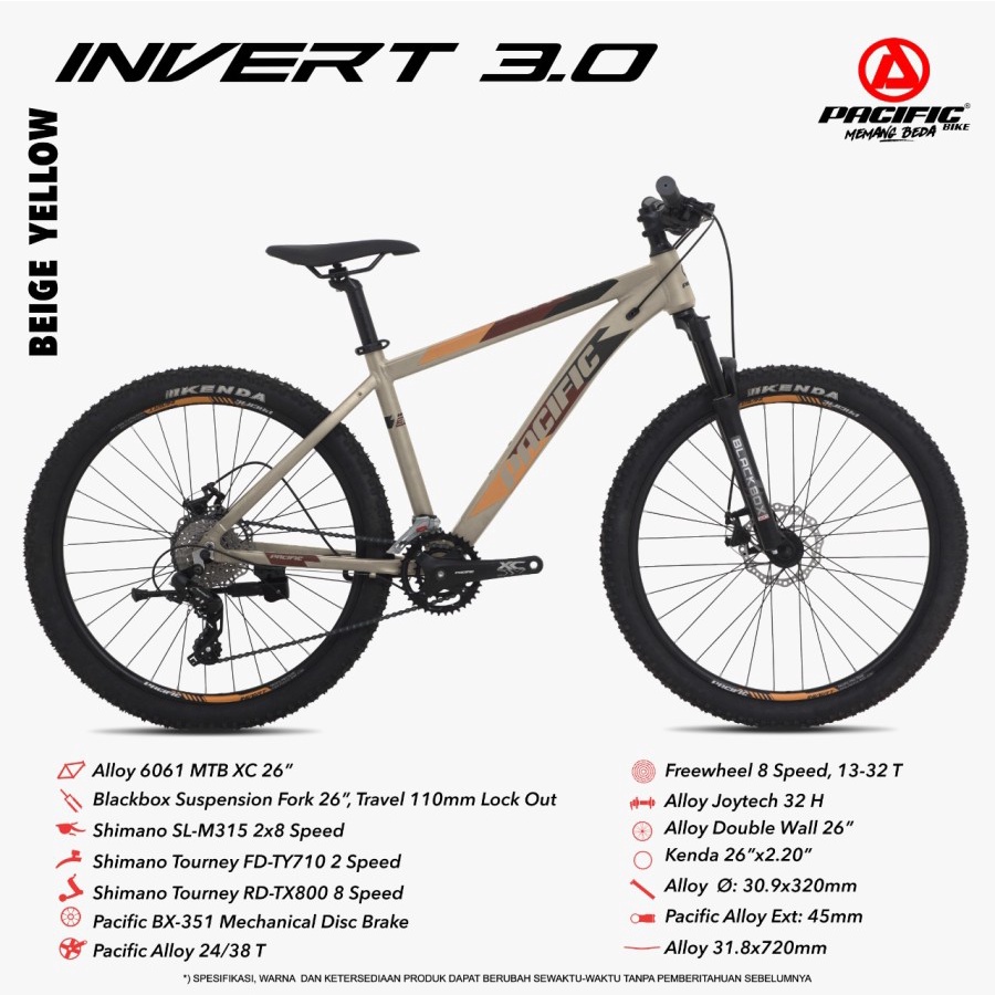 MTB 26 PACIFIC INVERT 2.0 21 SPEED INVERT 3.0 16 SPEED MTB 27.5 27,5 SPAZIO 500 16 SPEED SEPEDA GUNUNG ALLOY