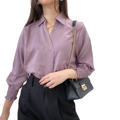 ZASKIYA - KARA V-Neck Blouse with Collar / Atasan Wanita Kantor Casual Lengan Karet