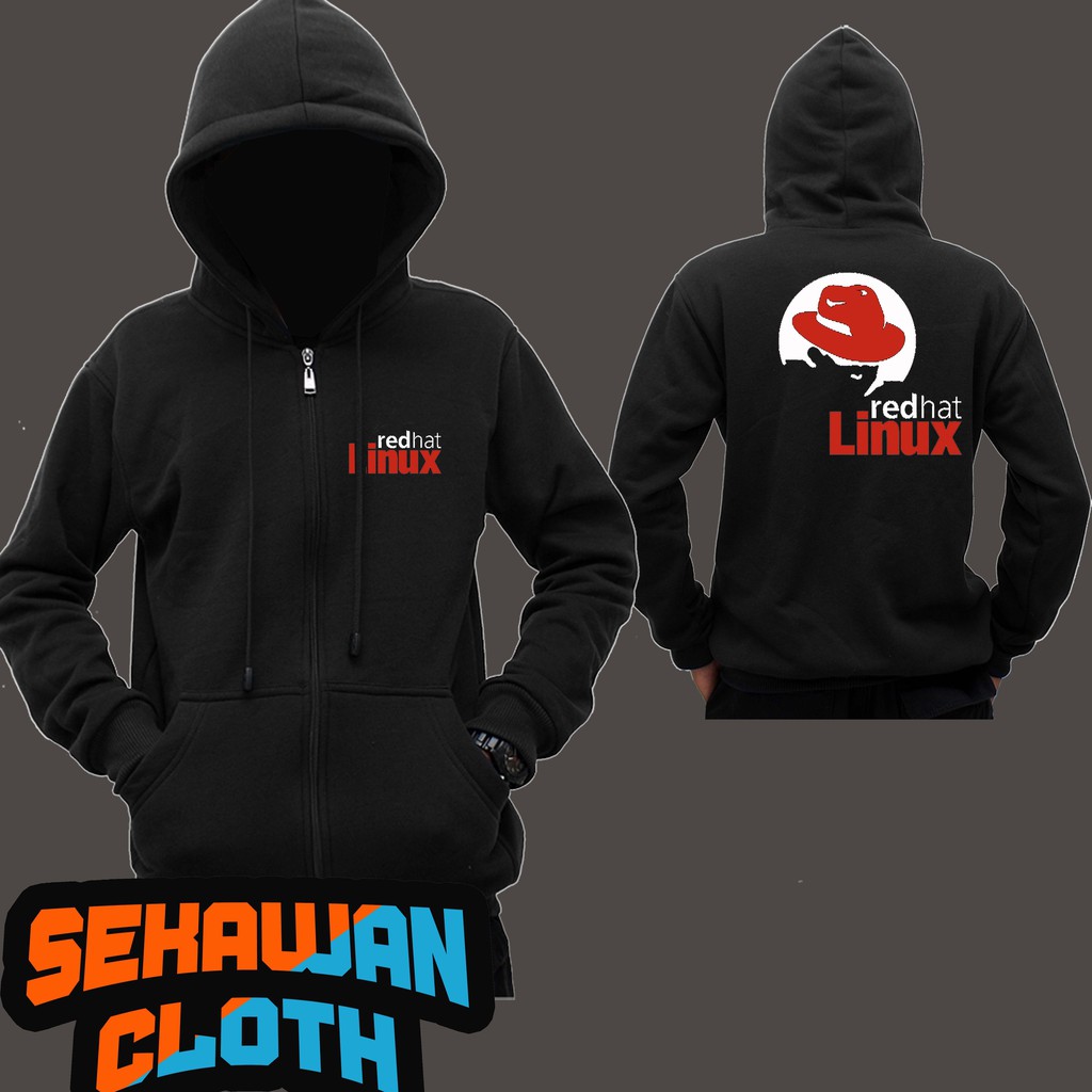 JAKET HOODIE ZIPPER HITAM RED LINUX - SEKAWAN CLOTHING