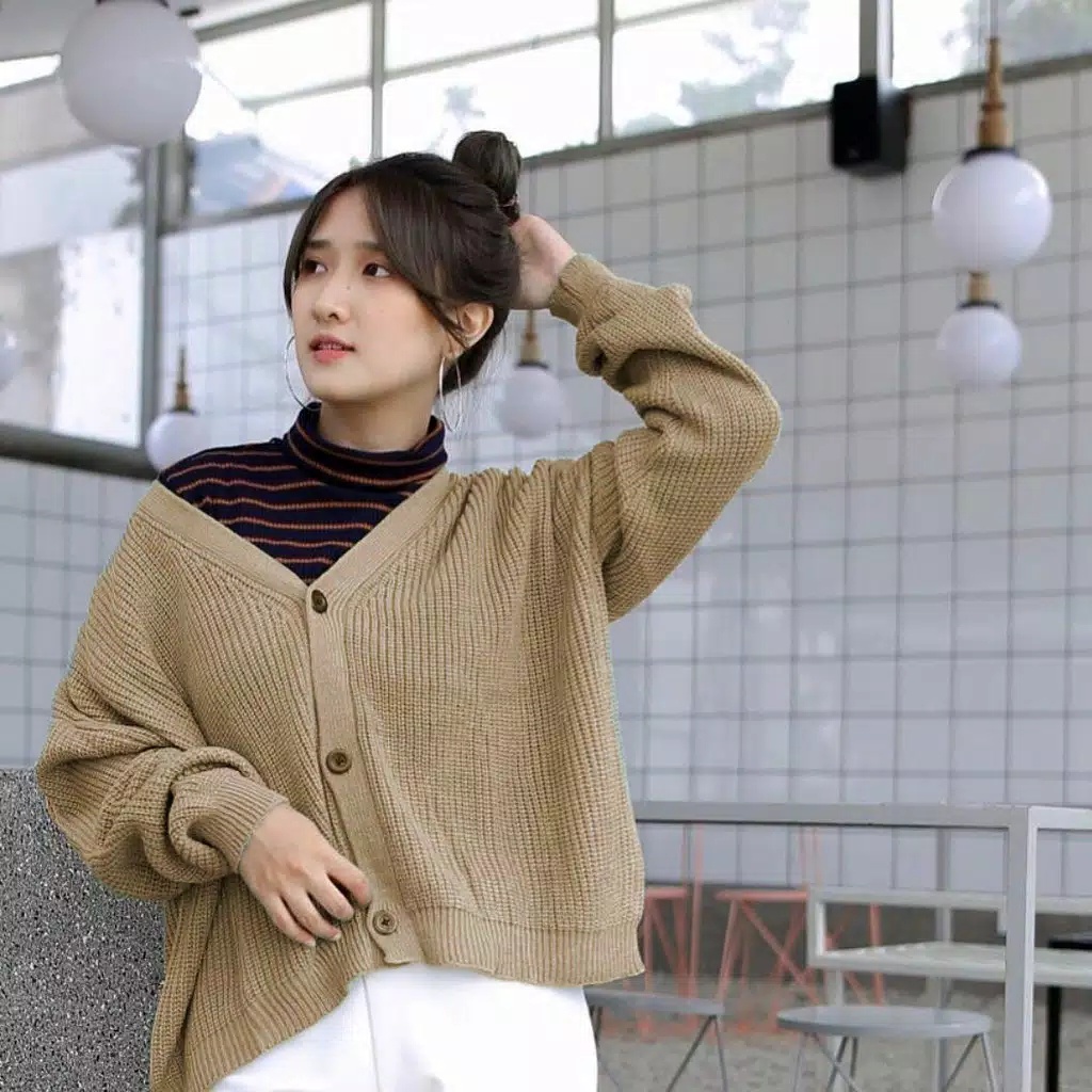 Lucia Cardi New Arrival - semi crop cardigan rajut knit premium-Nude