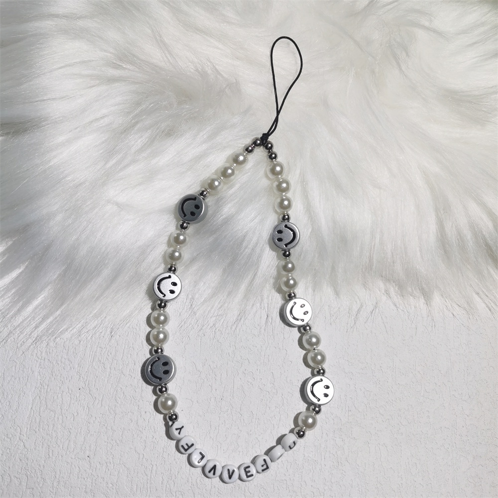 Tali Lanyard Manik-Manik Akrilik Motif Smiley Face Warna Silver Anti Hilang Untuk Handphone