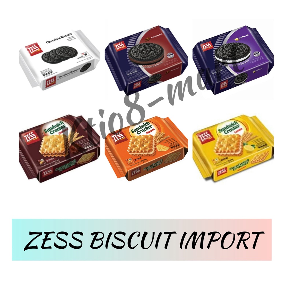 

Zess Chocolate Biscuit/ Biscuit Sandwich Chocolate/ Biscuit Sandwich Vanilla/ Cracker Sandwich Chocolate/ Cracker Sandwich Cheese/ Cracker Sandwich Lemon/ Import