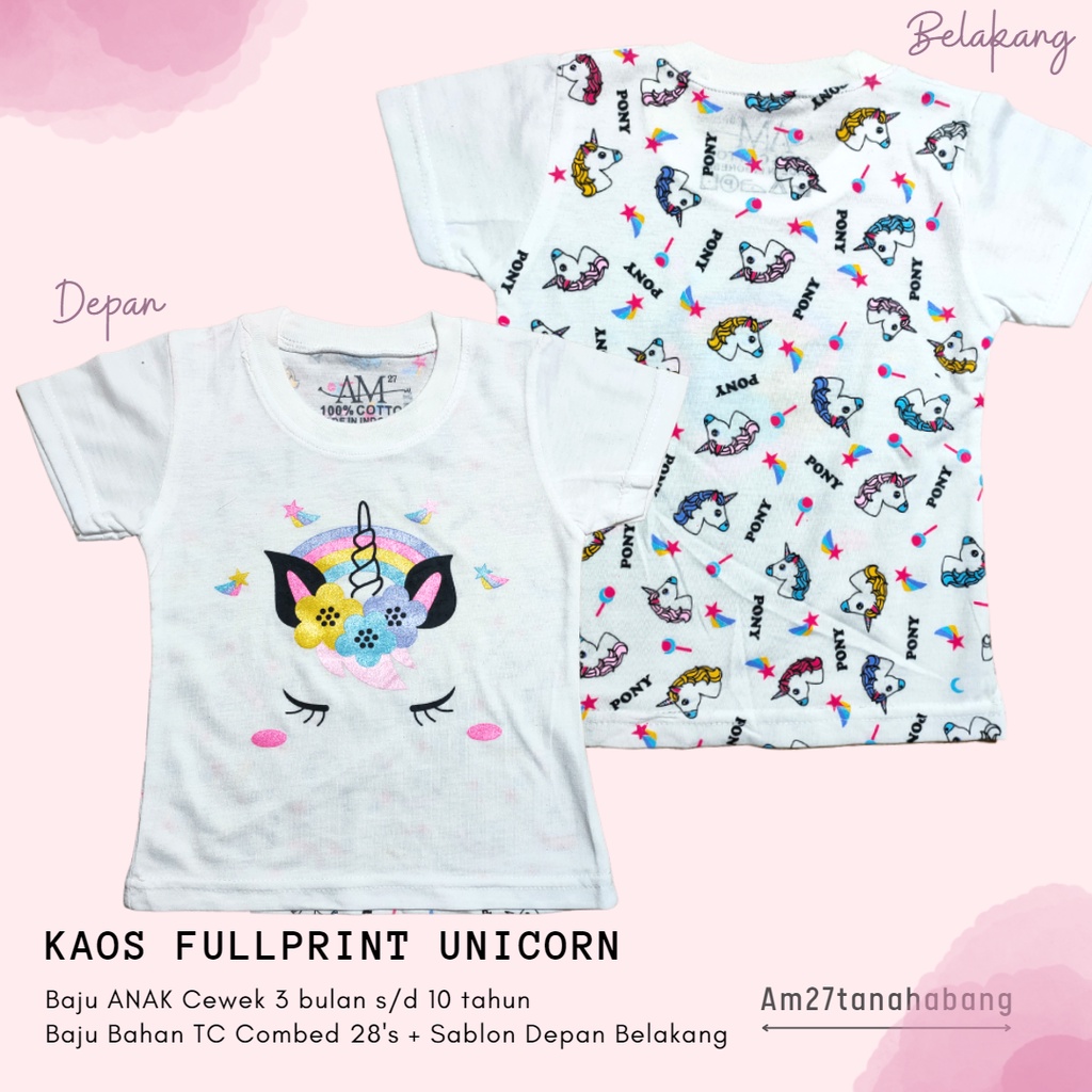 BAJU KAOS ANAK CEWEK Bayi 3 bulan s/d 10 tahun Fullprint Katun T- UNICORN