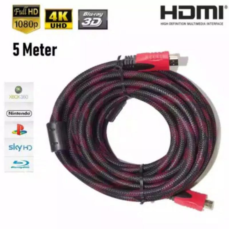 KABEL HDMI 5M SERAT JARING HDMI TO HDMI 5 m 1080P V1.4 3D HQ versi terbaru