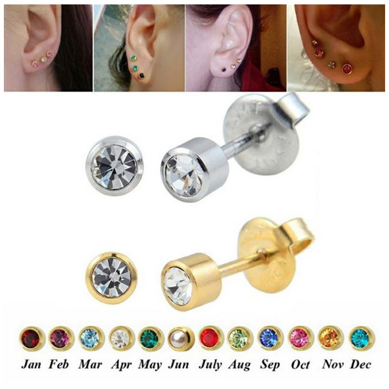 [ACKER] Birthstone 24K Emas Zircon Anting Stud Beruntung Anting Zirkonia Batu Kelahiran Untuk Wanita