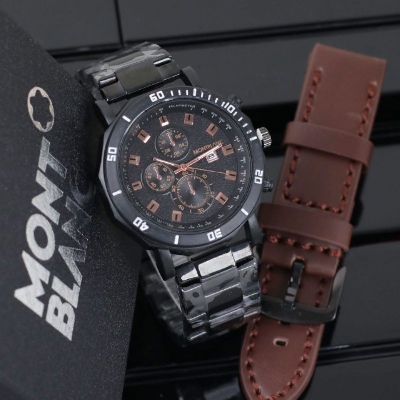 jam tangan pria Montblanc rantai crono off tgl aktif free tali kulit  DM4.6cm +box