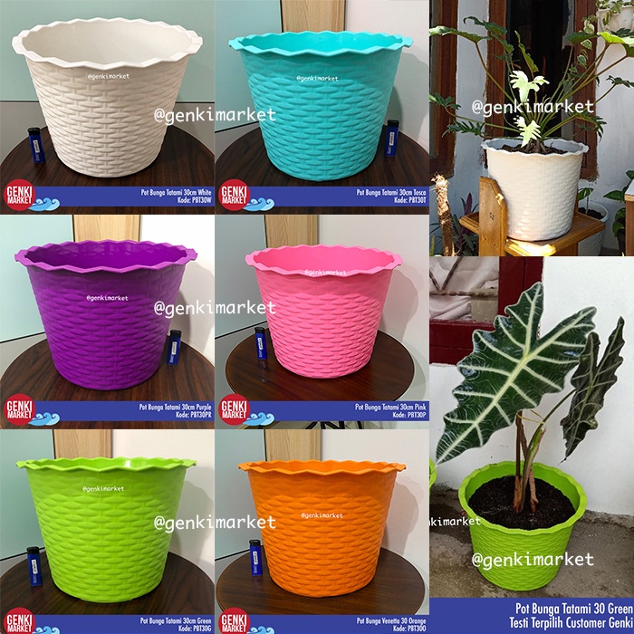 Pot Bunga Besar Tatami Diameter 30cm Tinggi 25cm / Pot Bunga Jumbo Putih Hijau Genki Market