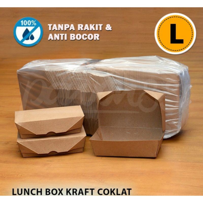 KOTAK MAKAN / Lunch Box / Box Takeway / Paper Bahan Kraft Warna Coklat Ukuran Large isi 50 buah