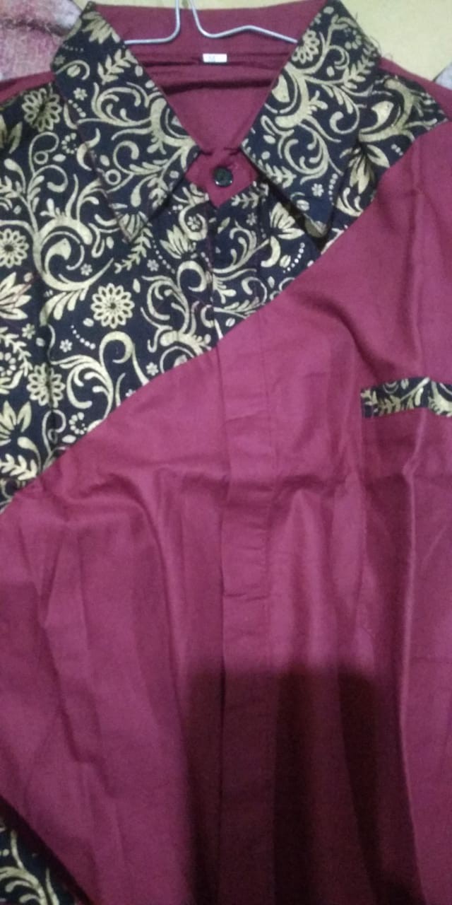 New Murah Batik Kemeja Hem Pria Motif Prada Kombinasi Merah Baju Kantor Seragam Alkhalis01