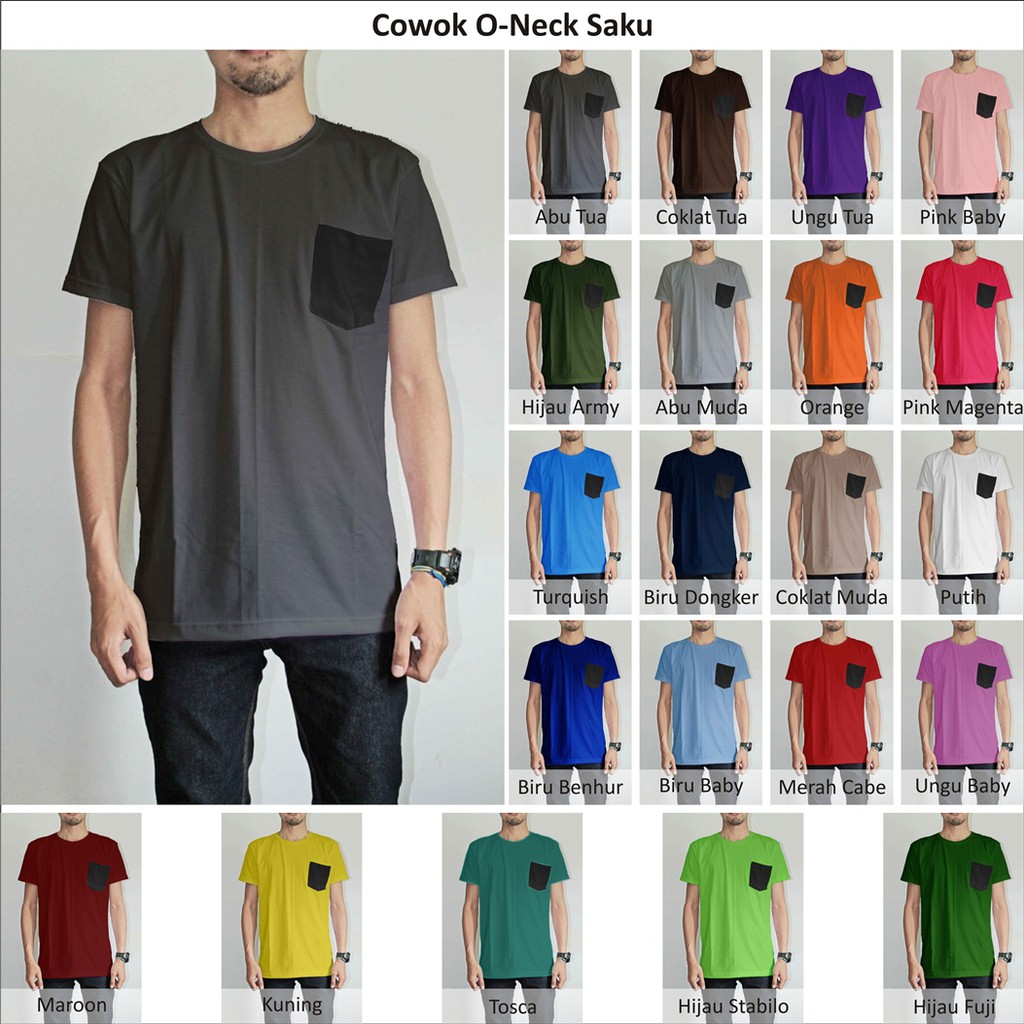 Kaos Polos Oneck Saku Hitam pria xs-xxl,  tshirt cowok Combed Jumbo Murah