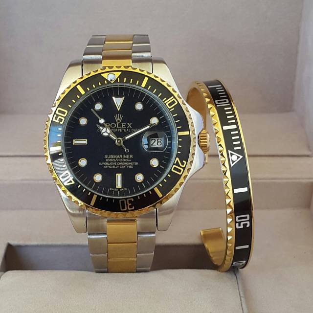 Jam Tangan Pria ROLEX SUBMARINER AUTOMATIC STAINLESS STEEL Plus GELANG BEZEL COMBI