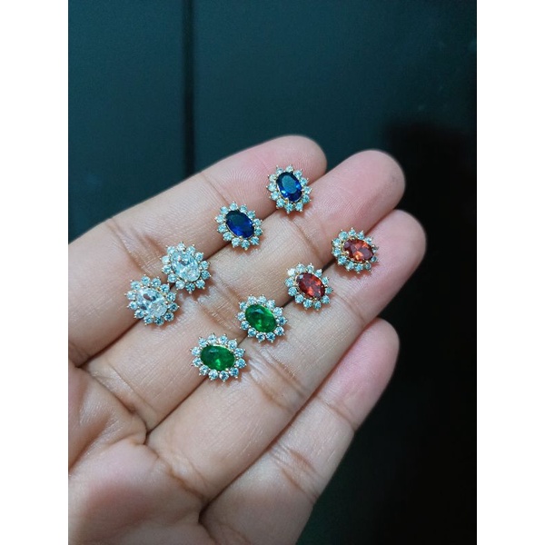 Blue sapphire anting bahan Wynn diamond ,merah,putih,hijau,aman dipake mandi,yg alergi xuping