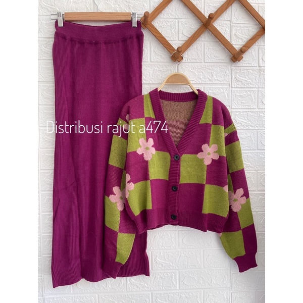 ONESET SETELAN ROK DAN KULOT CARDIGAN RAJUT RIRIN MOTIF BUNGA
