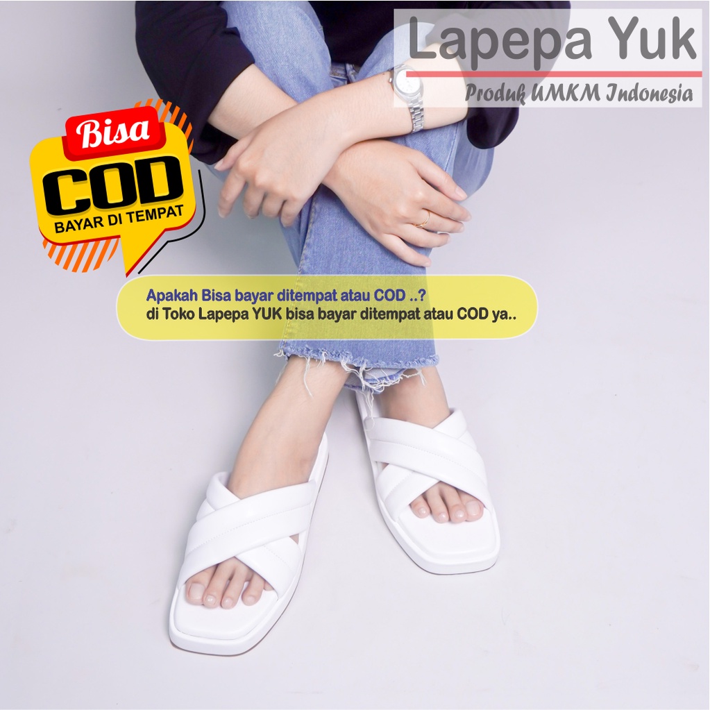 LAPEPA YUK - Sandal Wanita Teplek BELLA Sendal Cewek Platform Wedges Kondangan Hak Tinggi  2cm Model Silang 2 Size 36 37 38 39 40 Santai Kasual Rumah Slop Warna WHITE Putih Selop Premium Citayam Fashion Original Kekinian Terbaru Shoes Mall Official Store