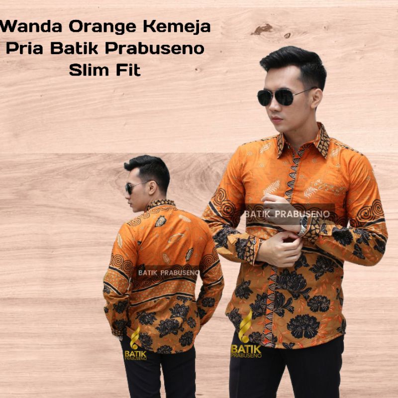 Wanda Orange Atasan Baju Kemeja Batik Pria Lengan Panjang Full Furing Slim Fit Seragam Kerja Kantor 