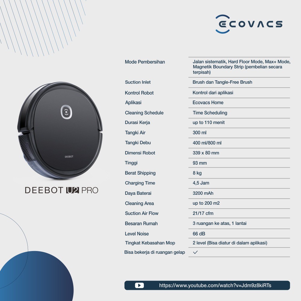 Ecovacs DEEBOT U2 PRO Robot Vacuum Cleaner Mop Vacum Sapu Pel Vakum