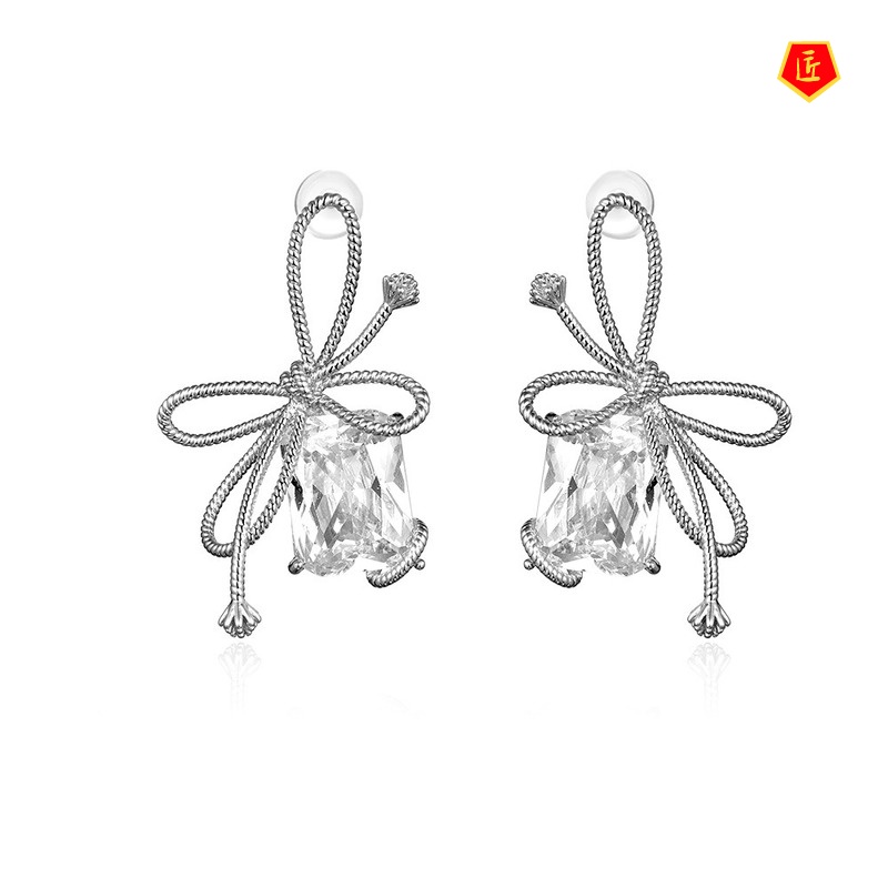 [Ready Stock]Simple Elegant Niche Bowknot Gem Earrings