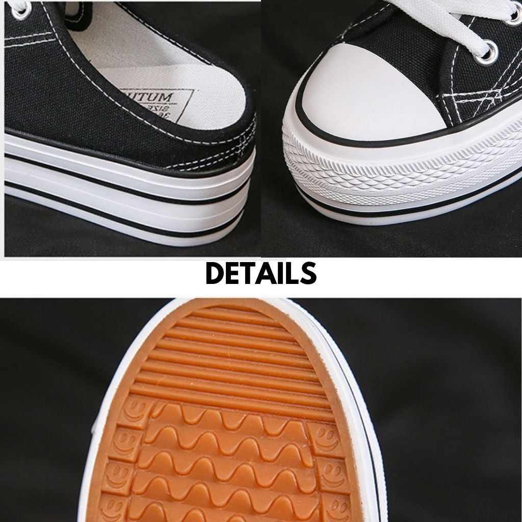 SEPATU SLOP WEDGES WANITA KANVAS TINGGI KARET BERKUALITAS IMPORT MODEL KEKINIAN HITAM PUTIH N123