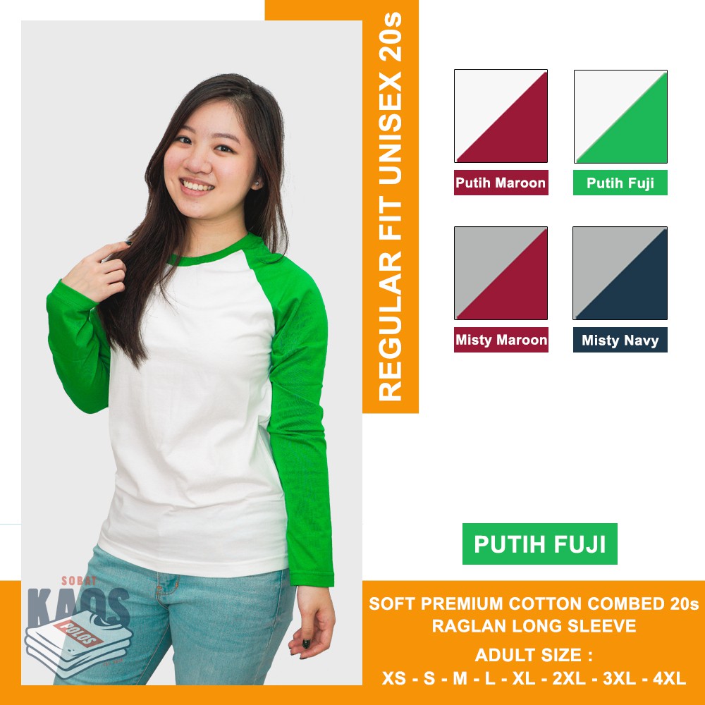 KAOS POLOS RAGLAN LENGAN PANJANG COTTON COMBED 20s - WARNA PUTIH HIJAU