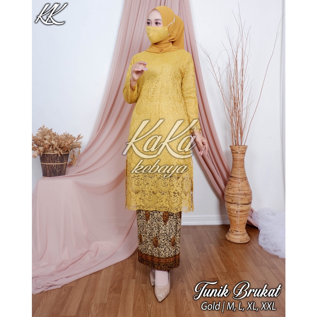 Setelan Kebaya Modern Longcape Brokat / Tunik Brukat Cream Mocca dan Lainnya