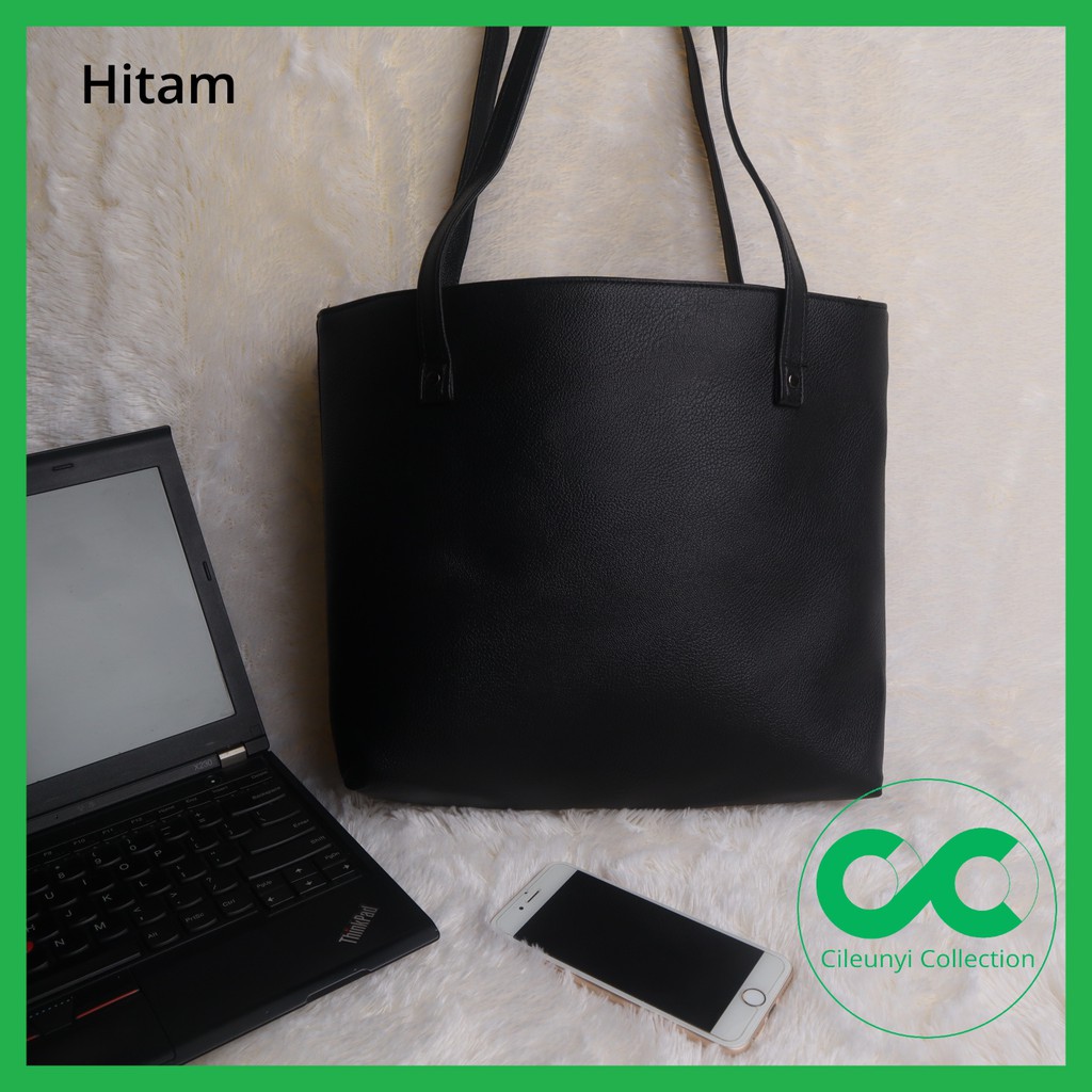 ✅ Tote Bag Polos Tas Wanita Bahan Kulit Sintetis dalam Furing Goody Bag Kualitas terbaik Hitam Cream